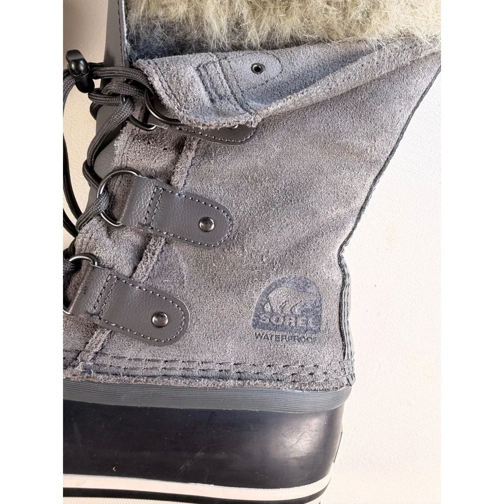 Sorel Joan of Arctic Snow Boots Women Gray Excellent Waterproof Faux Fur Suede